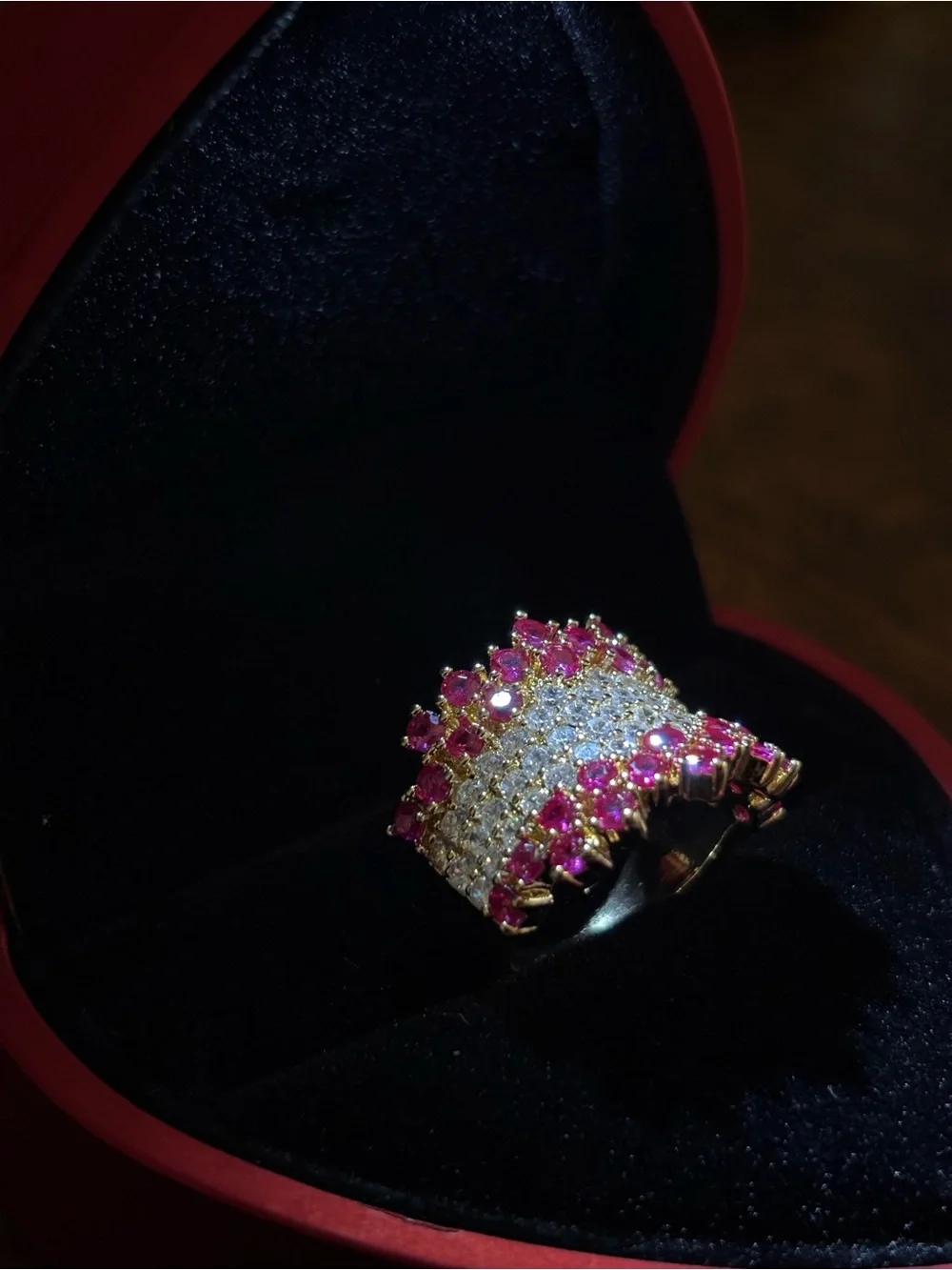 Gold Cocktail Ring with Pink Stones and Clear Accents